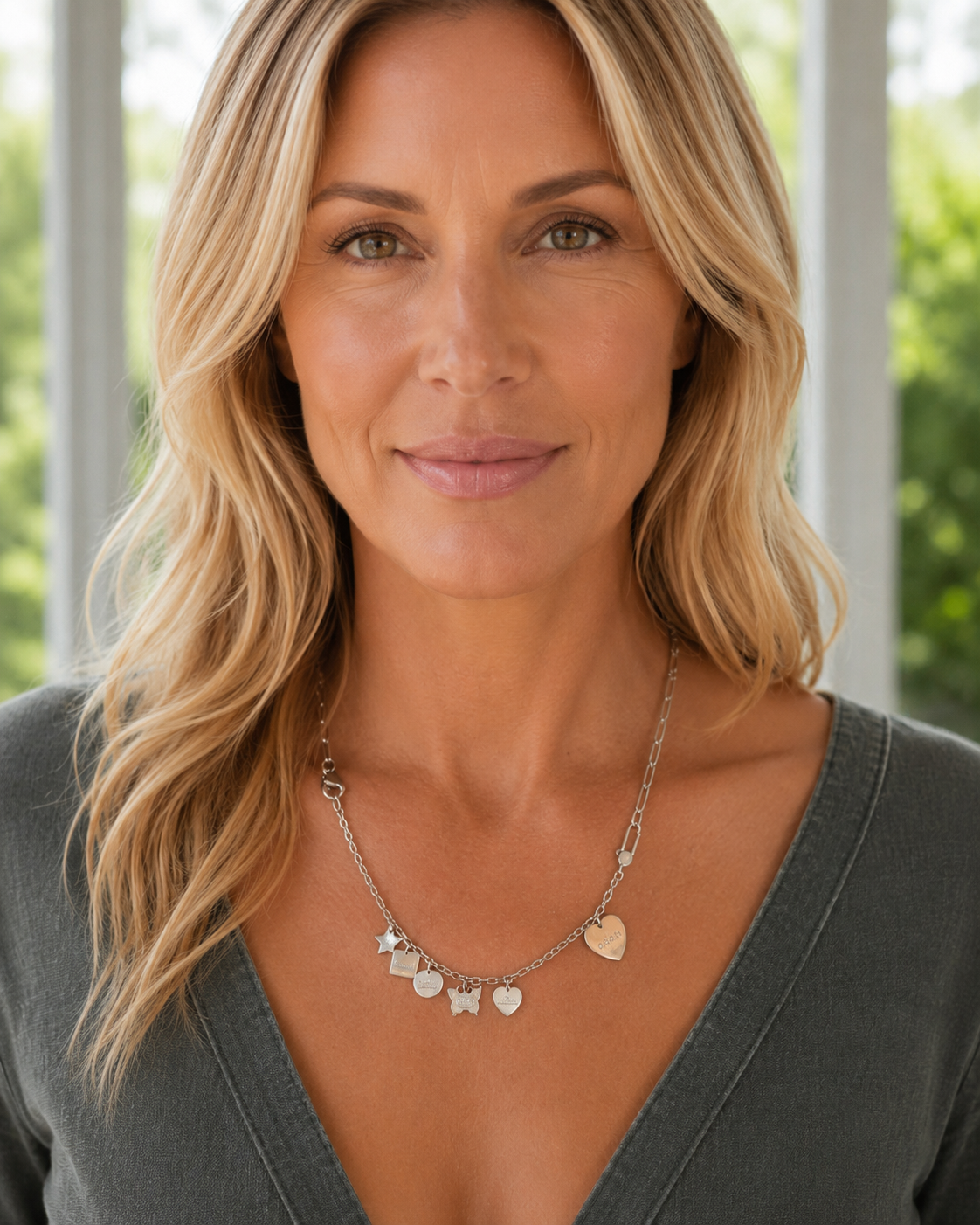 Woman wearing a silver charm bracelet as a necklace on a CharmFlip paperclip chain
